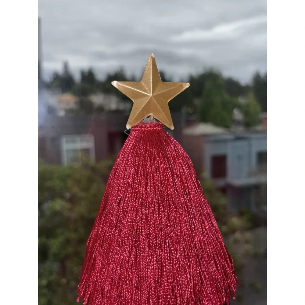 Set of 2 Red Tassel Christmas Trees Gold Star Toppers Tabletop Holiday Decor
